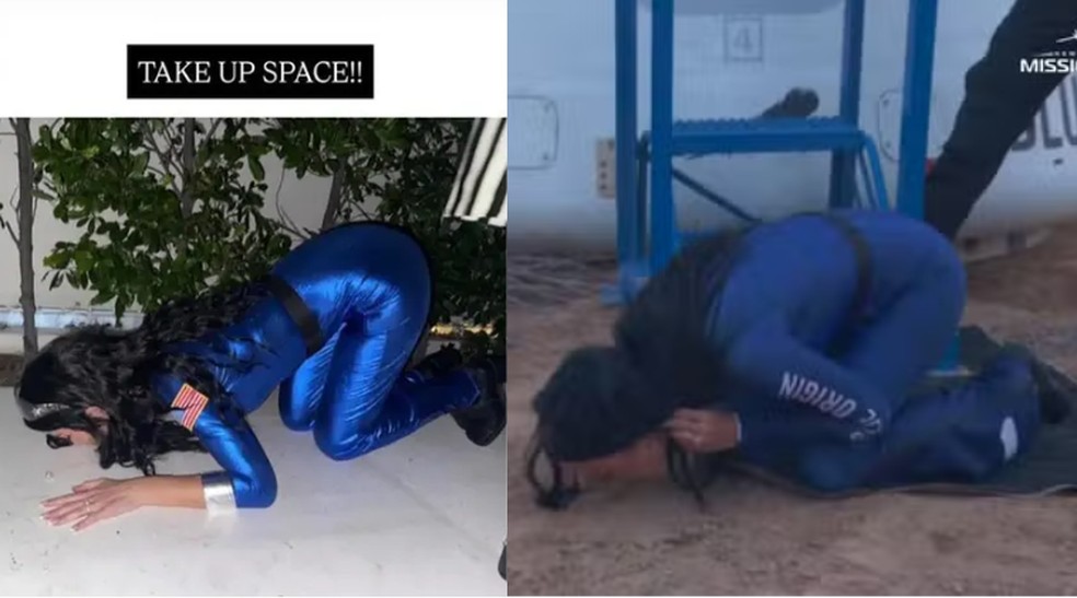 Rachel Lynn Matthews recria momento em que Katy Perry volta da Blue Origin — Foto: Reprodução/Instagram