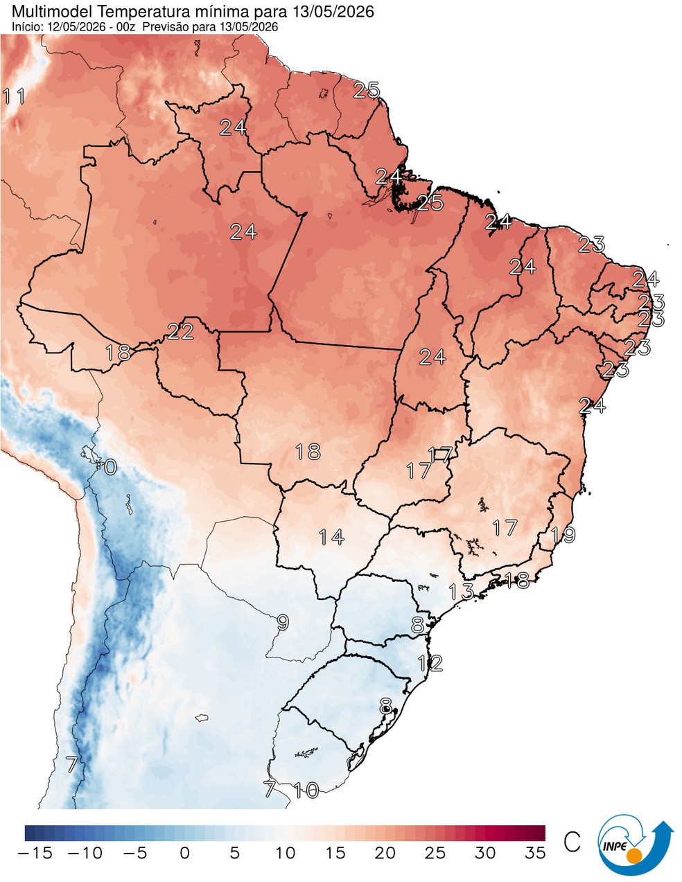 Mapa mostra previsão de temperatura mínima para esta quarta (13). — Foto: CPTEC/Inpe