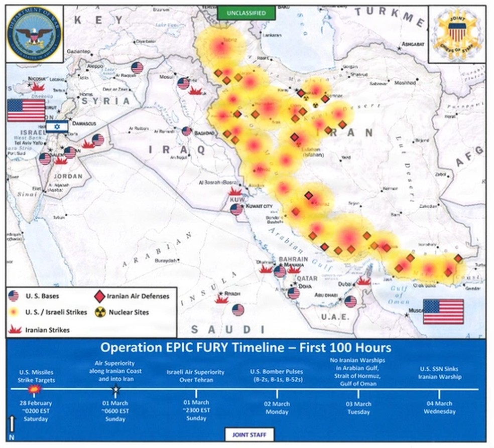 Mapa mostra bombardeios dos EUA no Irã nas primeiras 100 horas de conflito. — Foto: Divulgação/Exército dos EUA