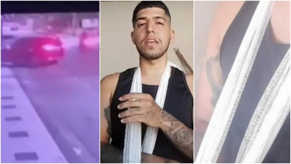 Motociclista fica ferido após ser atropelado por carro que fugiu após o acidente. — Foto: Reprodução