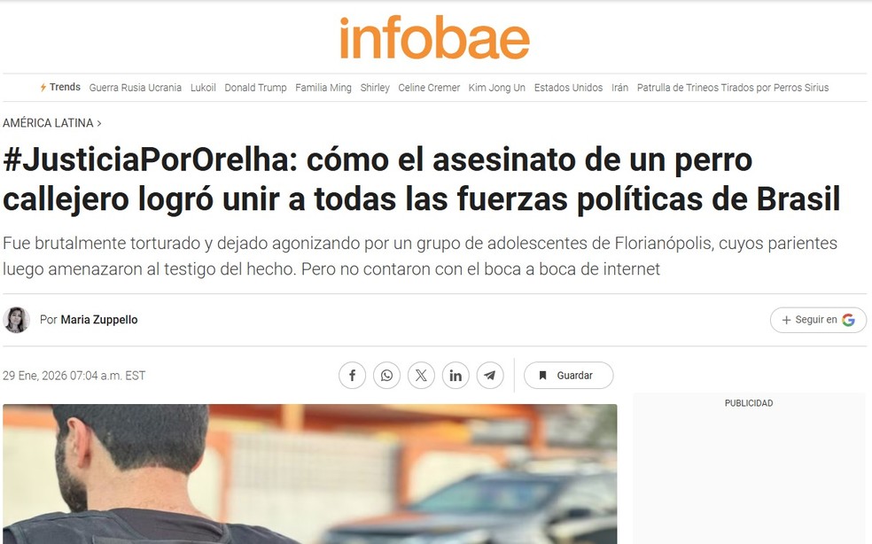 Infobae destaca como caso Orelha uniu forças políticas no Brasil após crime brutal — Foto: Reprodução