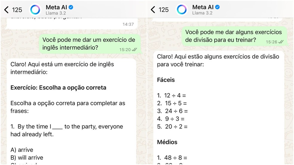 Exercicíos de inglês e matemática no Meta AI. — Foto: Reprodução/WhatsApp