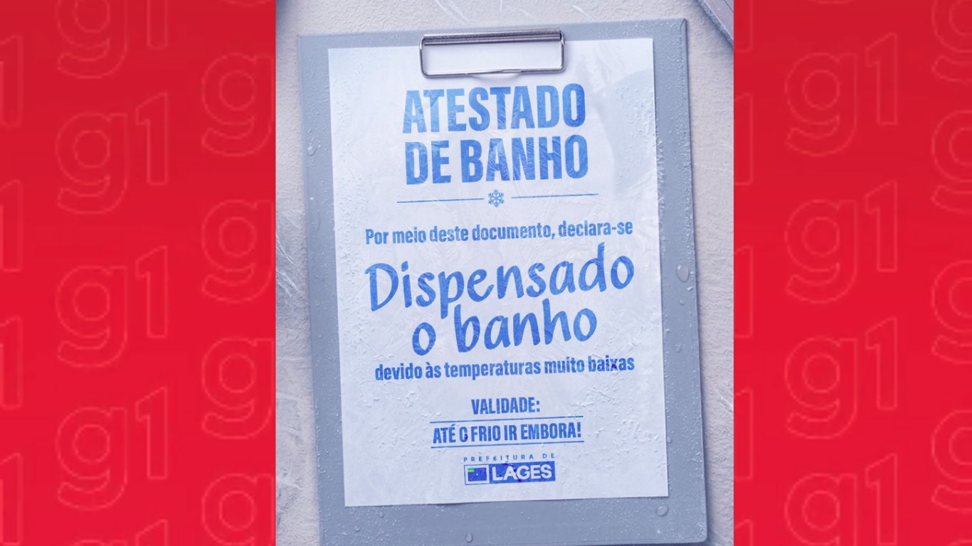 'Atestado de banho': cidade de SC 'libera' moradores do chuveiro por causa do frio intenso