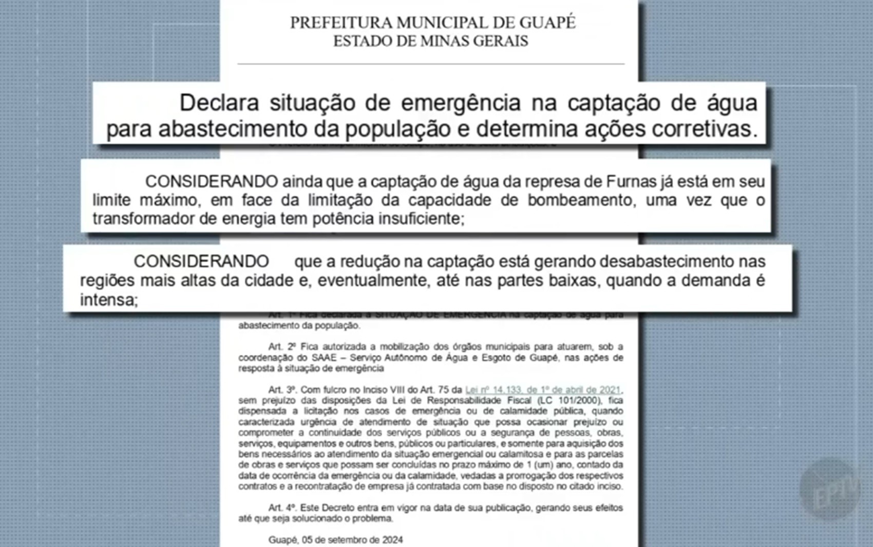 Prefeitura de Guapé decreta estado de emergência na captação de água após queda na vazão de córregos