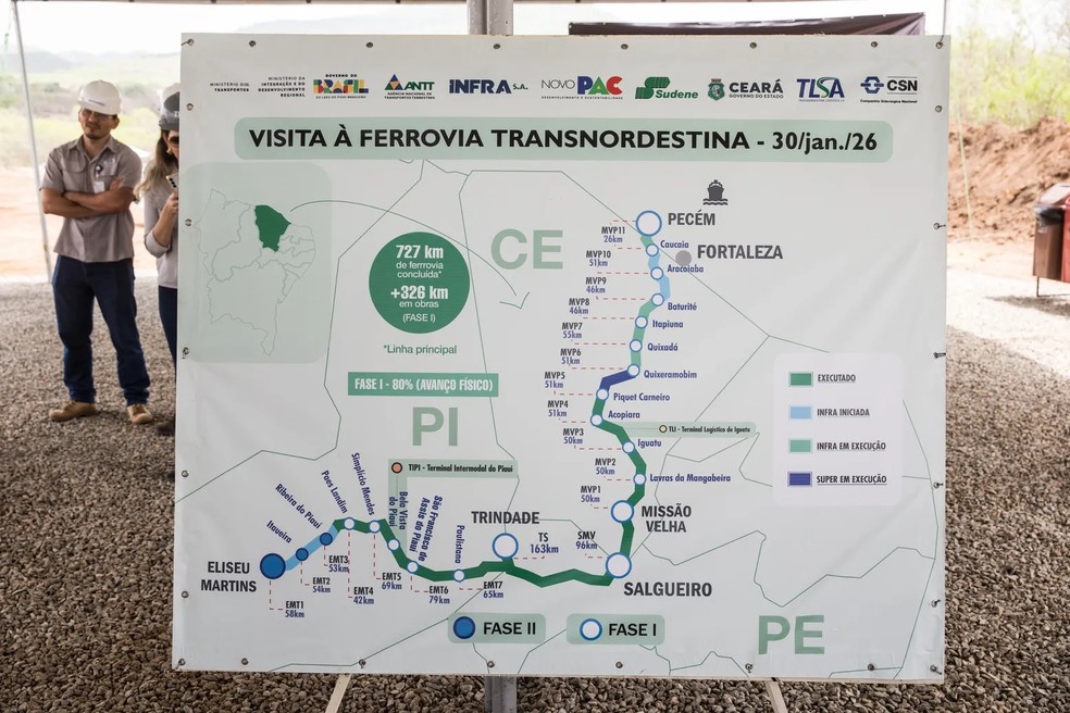 Cronograma de obras da Ferrovia Transnordestina apresentado em janeiro de 2026 pela TLSA — Foto: Fabiane de Paula/SVM