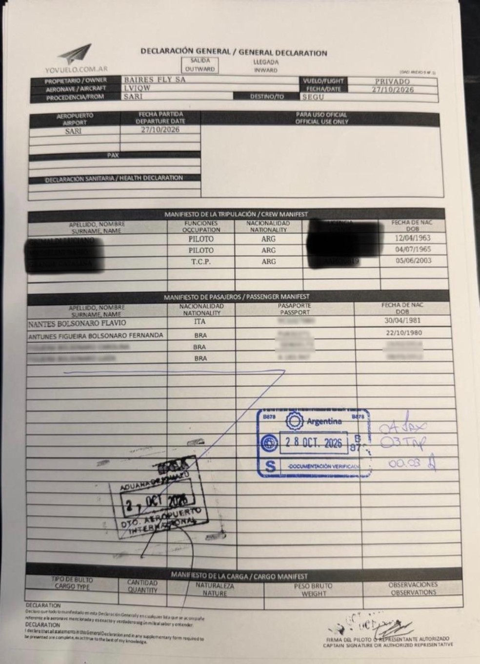 Declaração de voo de Flávio Bolsonaro e família — Foto: Pablo Duggan/ C5N