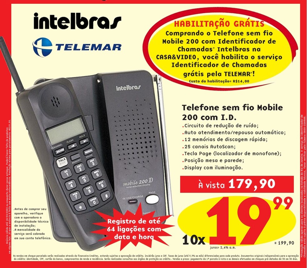 Exemplo do preço de um telefone sem fio em 2002 — Foto: Divulgação