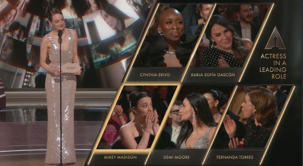 Emma Stone anuncia prêmio de melhor atriz no Oscar 2025; Fernanda Torres, Mikey Madison, Demi Moore, Karla Sofia Gascón e Cynthia Erivo — Foto: Reprodução/TV Globo