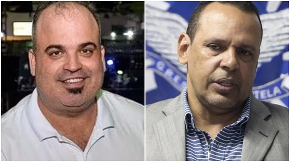 Flávio da Silva Santos, o Flávio Mocidade, e Marcos Falcon, presidente da Portela — Foto: Reprodução/TV Globo; Daniel Castelo Branco/Agência O Dia/Estadão Conteúdo