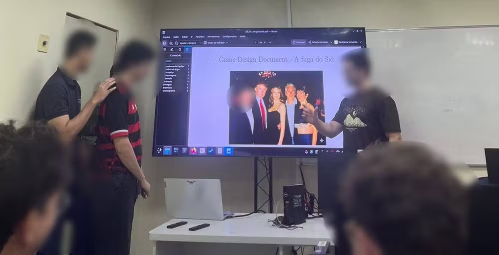 Alunos do ITA projetam jogo em que garota de 15 anos foge de 6 homens em ilha; apresentação teve foto de Epstein