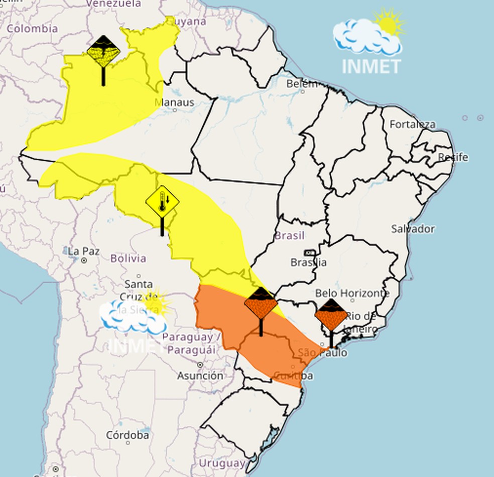A área destaca em laranja representa um alerta de "perigo" por causa do acumulado de chuvas. Em amarelo, ao Norte, o alerta é de "perigo potencial" para chuvas e no centro-oeste o perigo é potencial para quedas de temperatura. — Foto: Reprodução/INMET