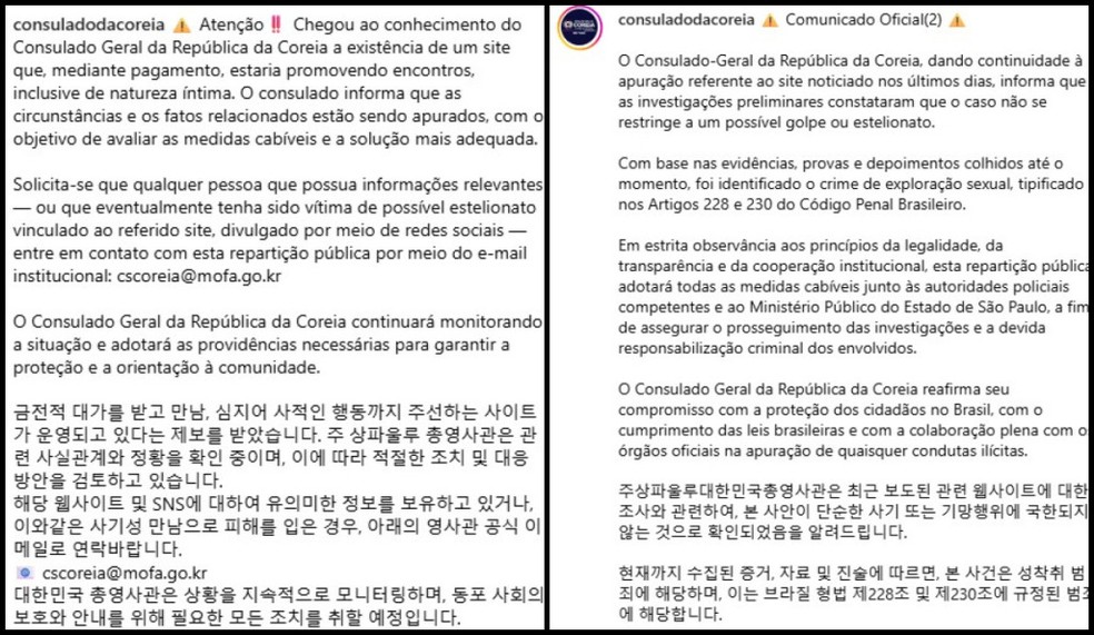 Dois comunicados foram emitidos pelo Consulado Geral da Coreia do Sul nas redes sociais — Foto: Reprodução/Instagram