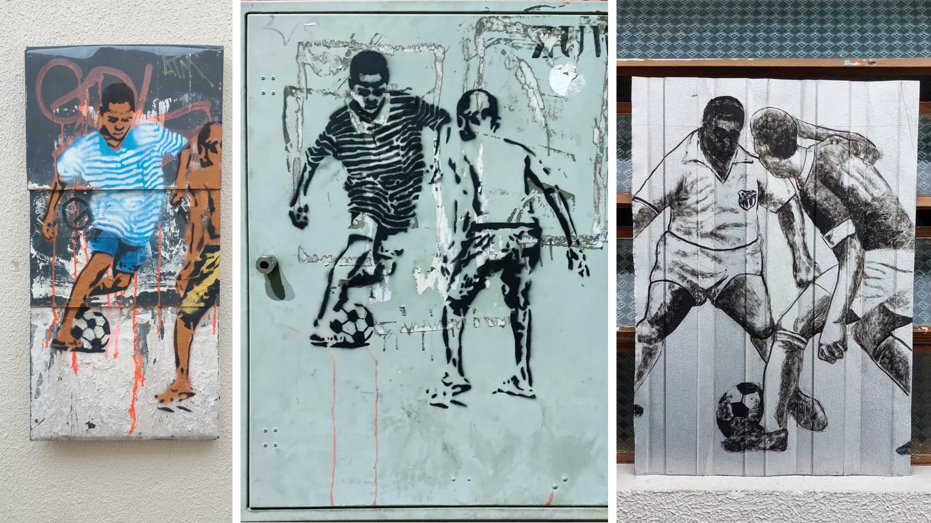 Dribles em chapas metálicas e gols em telhas de zinco: artista sorocabano transforma momentos do futebol em grafites — Foto: Reprodução/golgraffiti