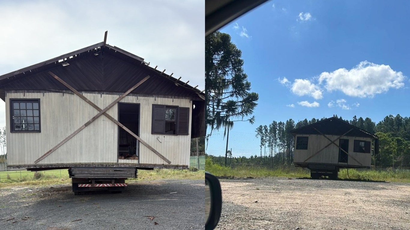 Casa abandonada há 4 meses em cima de caminhão ameaça despencar em SC; VÍDEO