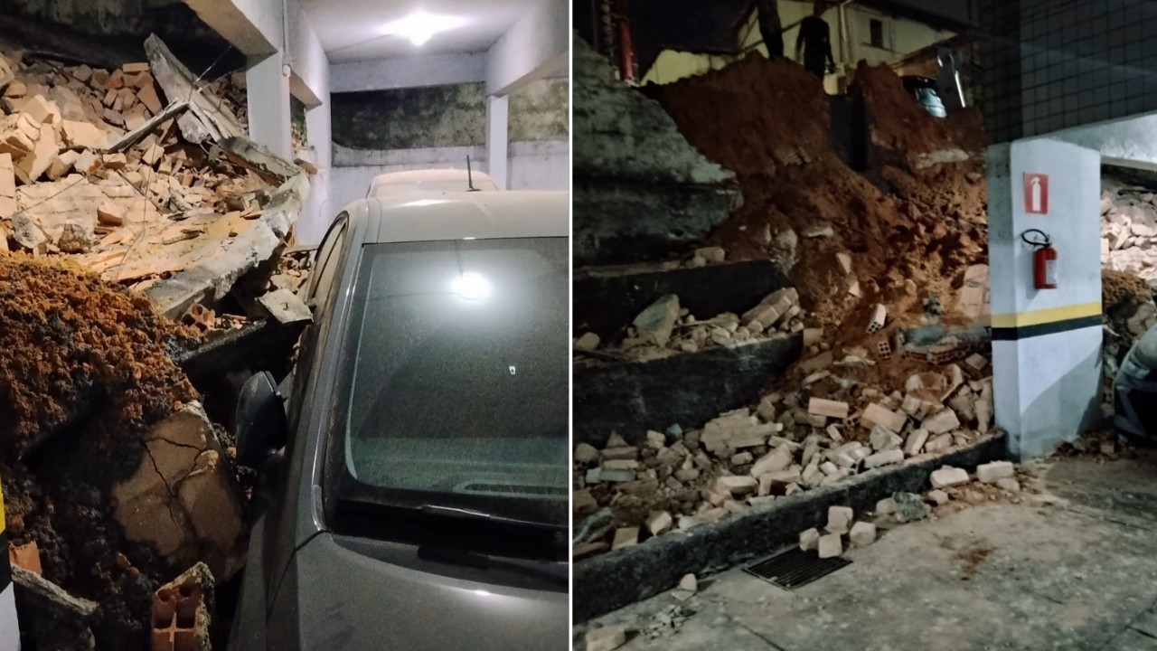Parte de muro de condomínio, em BH, cai e atinge dois carros em estacionamento