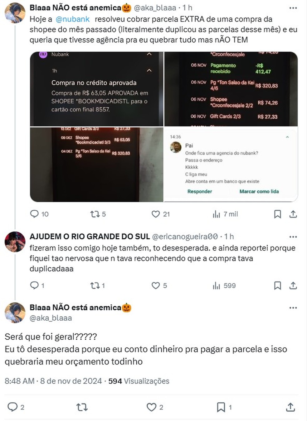 Usuários relatam problemas de cobrança duplicada no app do Nubank — Foto: Reprodução