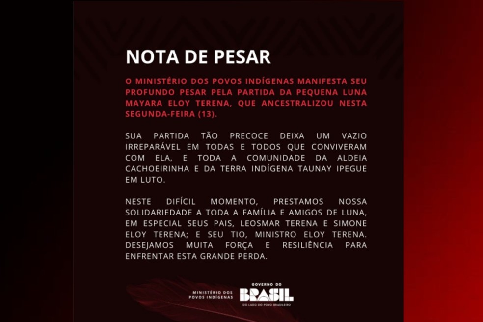 O Ministério dos Povos Indígenas, por meio das redes sociais, emitiu nota de pesar. — Foto: Redes Sociais