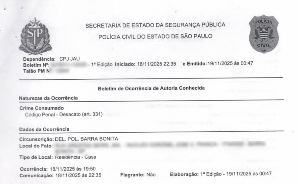 5 de 5
Boletim de ocorr&ecirc;ncia foi registrado por desacato ap&oacute;s abordagem em Barra Bonita (SP) &mdash; Foto: Reprodu&ccedil;&atilde;o