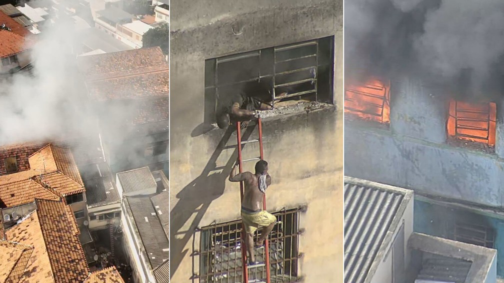 Confecção pega fogo em Ramos, com pessoas presas no imóvel; resgate é dramático — Foto: Reprodução