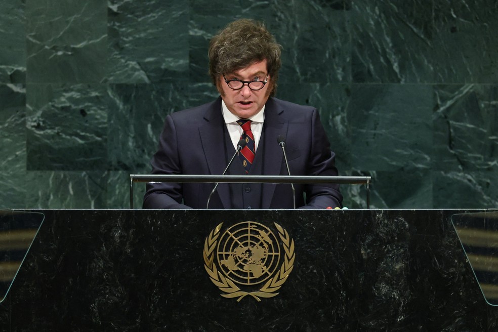 Milei discursa na Assembleia Geral da ONU — Foto: Caitlin Ochs/Reuters
