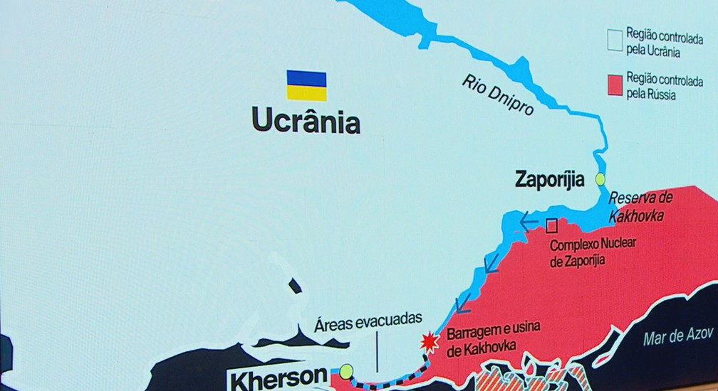 Barragem destruída na Ucrânia fica em região crítica da guerra. — Foto: TV Globo/Reprodução