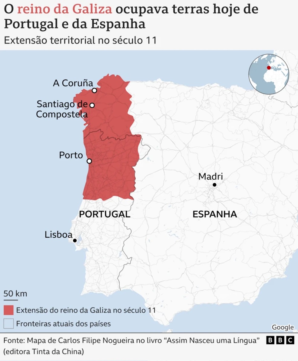 Reino da Galiza ocupava terras hoje de Portugal e da Espanha — Foto: BBC