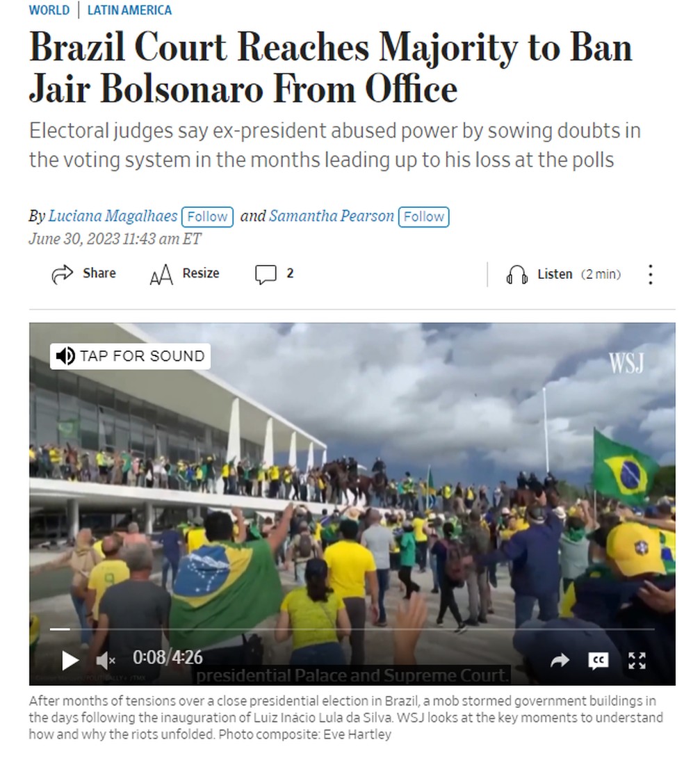 Portal norteamericano "The Wall Street Journal" noticia o retorno das votações sobre a inelegibilidade do ex-presidente Jair Bolsonaro  — Foto: Reprodução