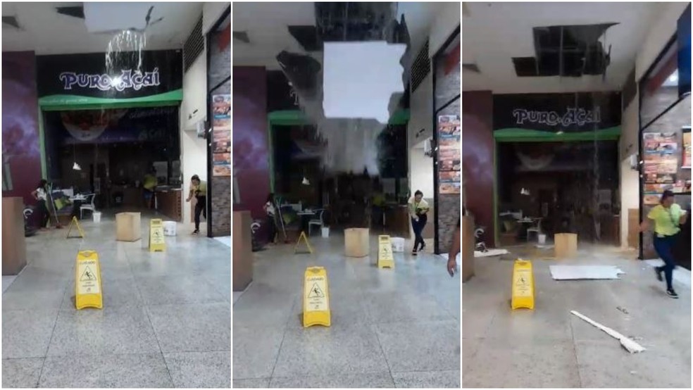 Funcionária por pouco não foi atingida por forro em shopping de Fortaleza. — Foto: Reprodução