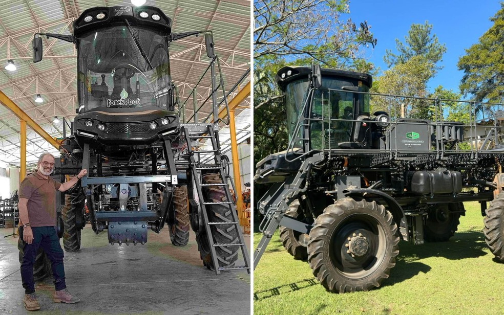 Fundador da AutoagroMachines, Marcello Guimarães, e máquina projetada para otimizar plantio de mudas — Foto: Giovani Oliveira/Divulgação