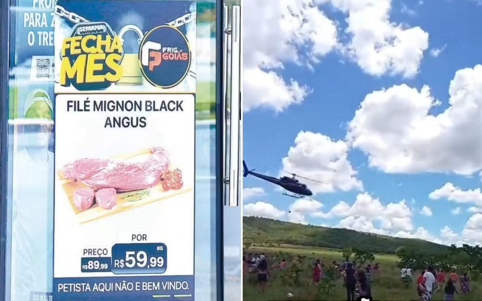 Frigorífico que usou helicóptero para jogar carne para moradores já usou cartaz ‘Petista não é bem-vindo’ em loja — Foto: Fábio Lima/O Popular | Reprodução/Redes sociais