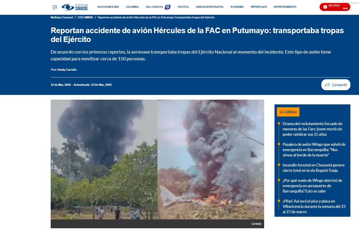 VÍDEO mostra avião militar da Colômbia momentos antes de cair