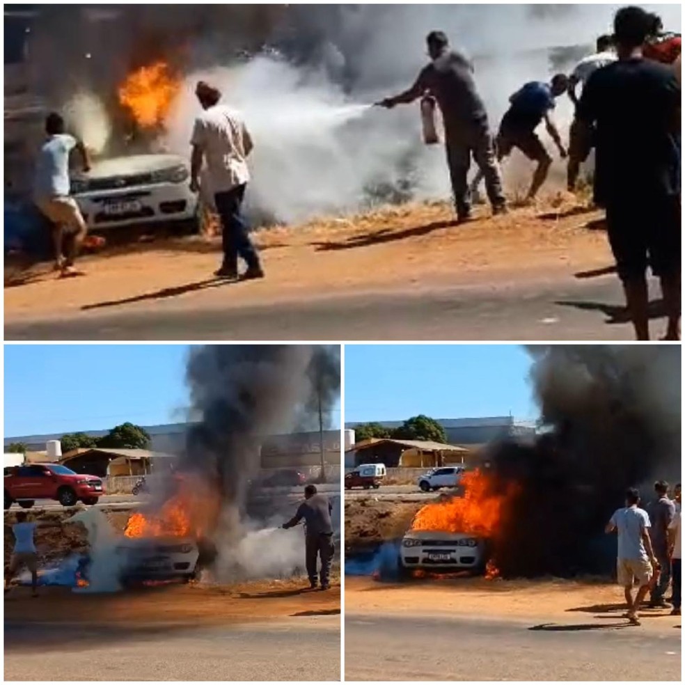 Pessoas tentam apagar fogo em carro para salvar motorista — Foto: Samuel/Divulgação