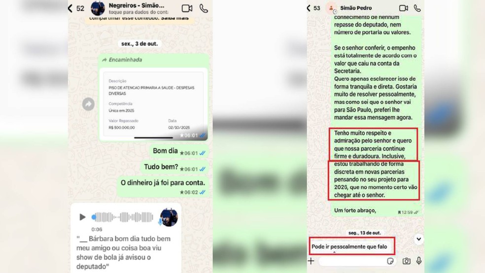 Defesa de acusada anexou prints que mostram contato da ré com deputado e assessor, informando de valores combinados — Foto: Reprodução