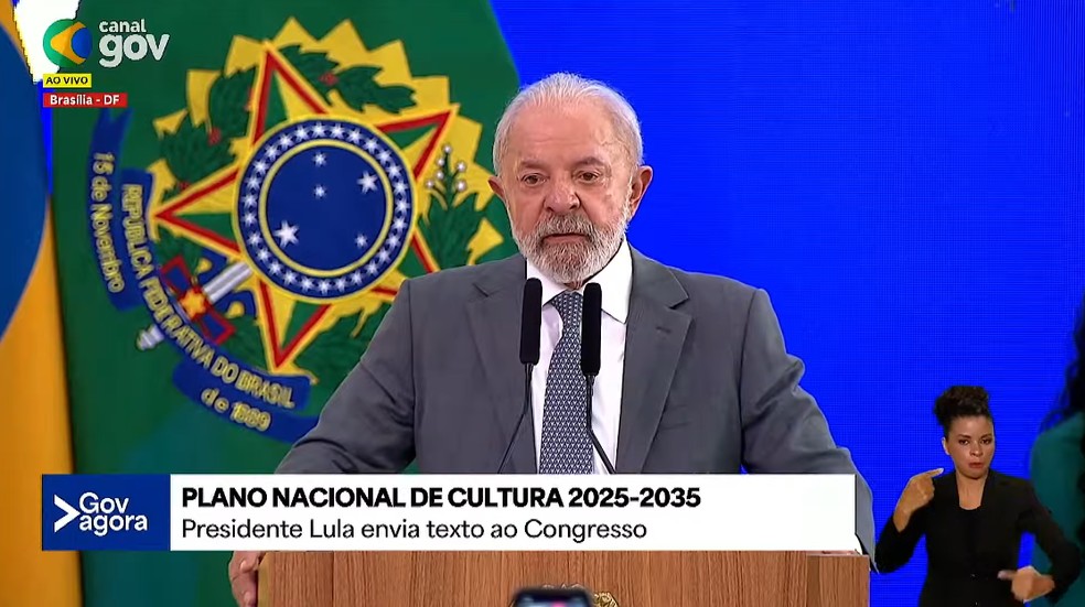 Lula participa de cerimônia para envio do projeto de lei do novo Plano Nacional de Cultura (PNC). — Foto: Reprodução/ CanalGov