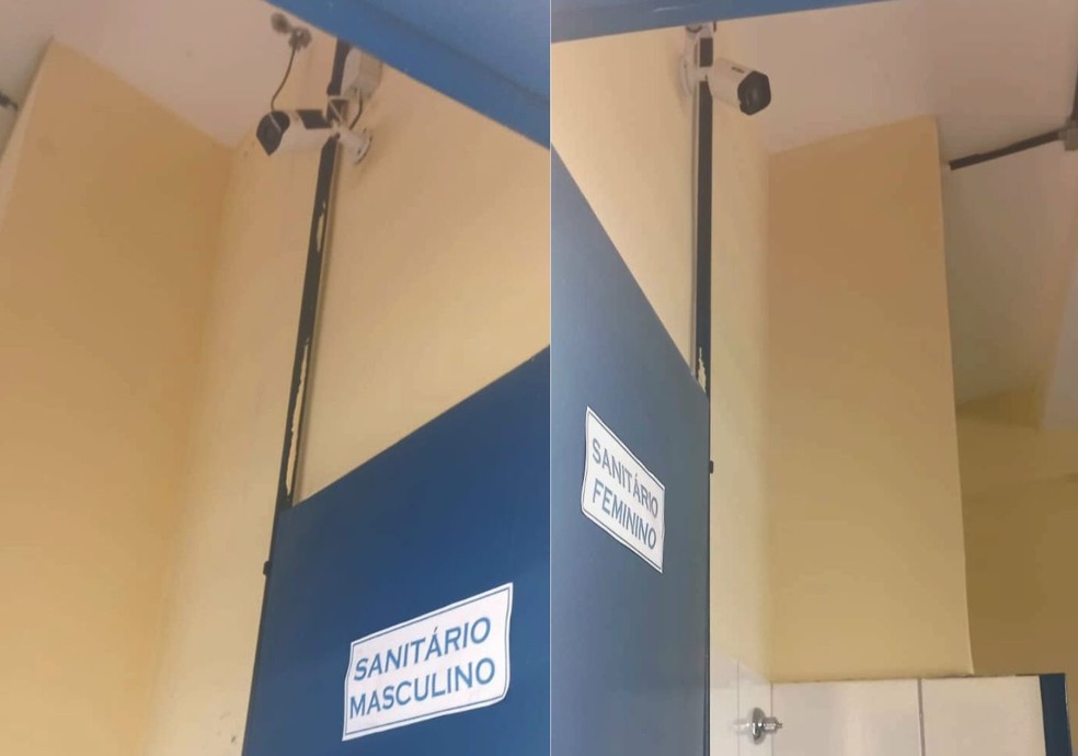 Imagens de câmeras de vigilância dentro de banheiros de escola de referência em Carpina, na Mata Norte de Pernambuco — Foto: Reprodução/WhatsApp