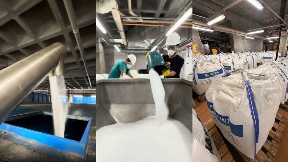 Dezenas de toneladas de sal foram importadas para produzir 3,5 milhões de litros de água salgada — Foto: AquaFoz