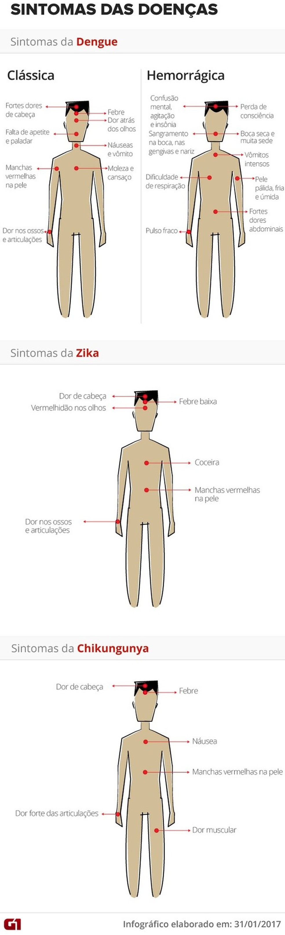 Sintomas dengue, chikungunya e zika  Foto: G1