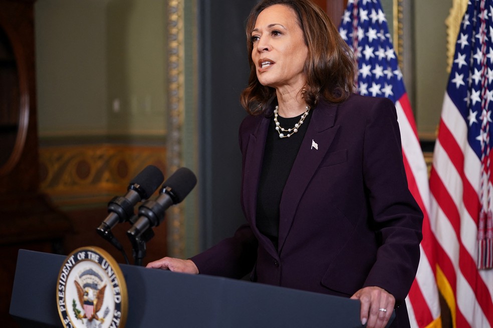 Kamala Harris durante coletiva de imprensa após encontro com Netanyahu, em 25 de julho de 2024 — Foto: REUTERS/Nathan Howard