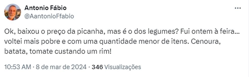 Tuíte de um usuário na rede social X reclamando do preço da cenoura, da batata e do tomate. — Foto: Reprodução