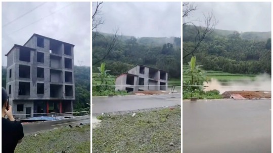 Prédio de cinco andares desaba em rio no sul da China por causa de fortes chuvas; VÍDEO - Imagens mostram um dos muitos incidentes que vêm sendo registrados em províncias do norte e do oeste da China, que enfrentam enchentes e deslizamentos de terra desde o início do mês.