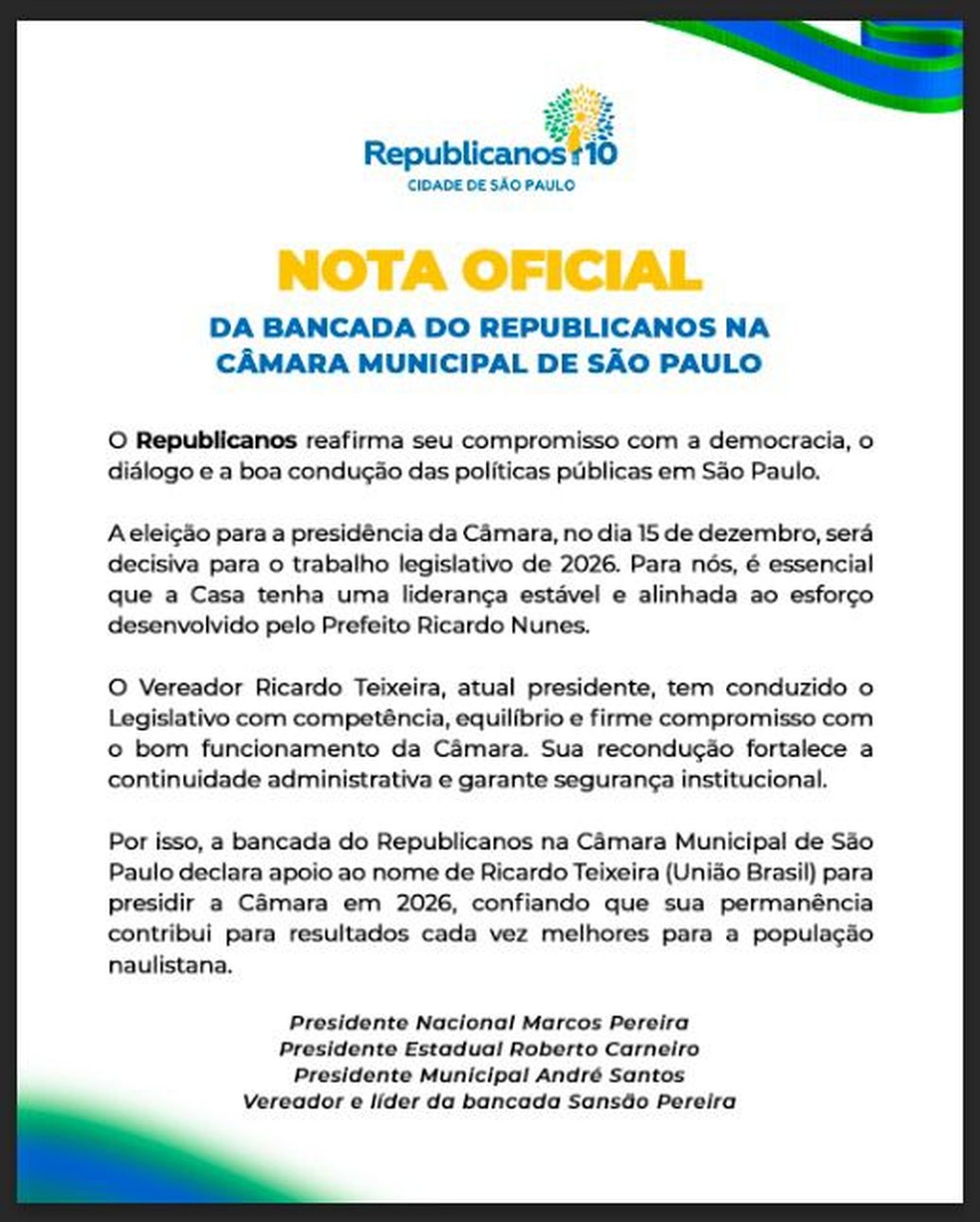 Comunicado do Republicanos sobre a reeleio de Ricardo Teixeira (Unio Brasil) na Cmara de Vereadores de SP. - Foto: Reproduo
