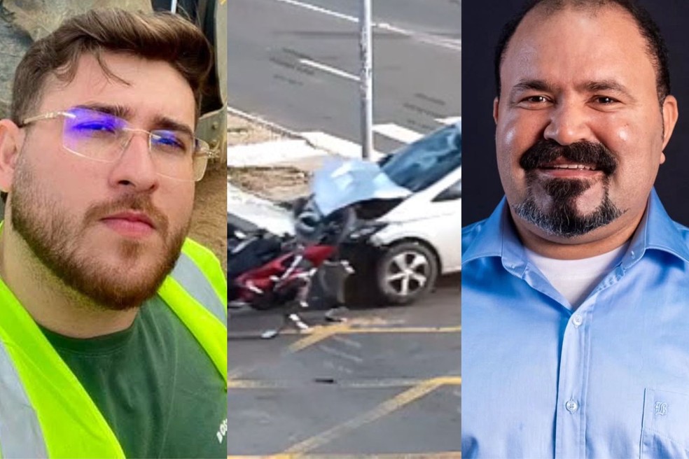 À esquerda, Carlos Eduardo Ângelo; no centro, acidente entre carro e moto; à direita, Edson Barbosa — Foto: Montagem/g1
