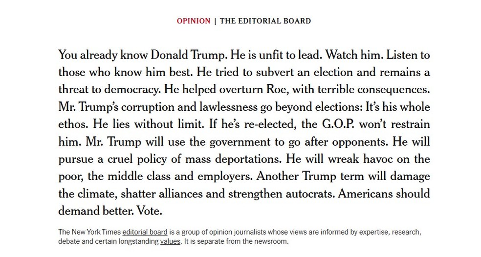 Editorial do 'New York Times' pede para eleitores não votarem em Donald Trump — Foto: Reprodução/NYT