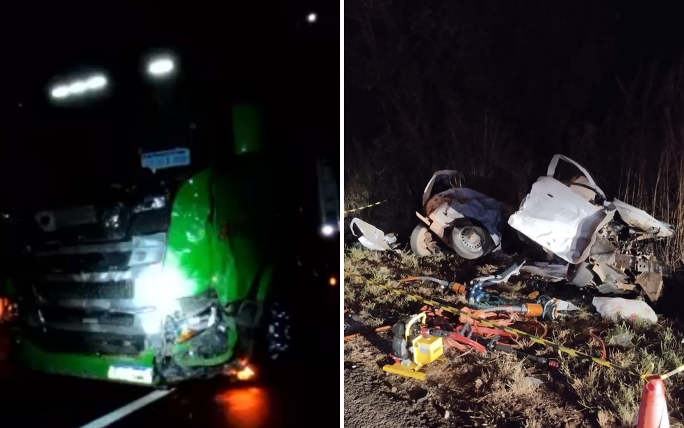 Dois carros e um caminho se envolvem em acidente na BR-153, em  So Luiz do Norte, Gois  Foto: Reproduo/TV Anhanguera e Divulgao/Corpo de Bombeiros