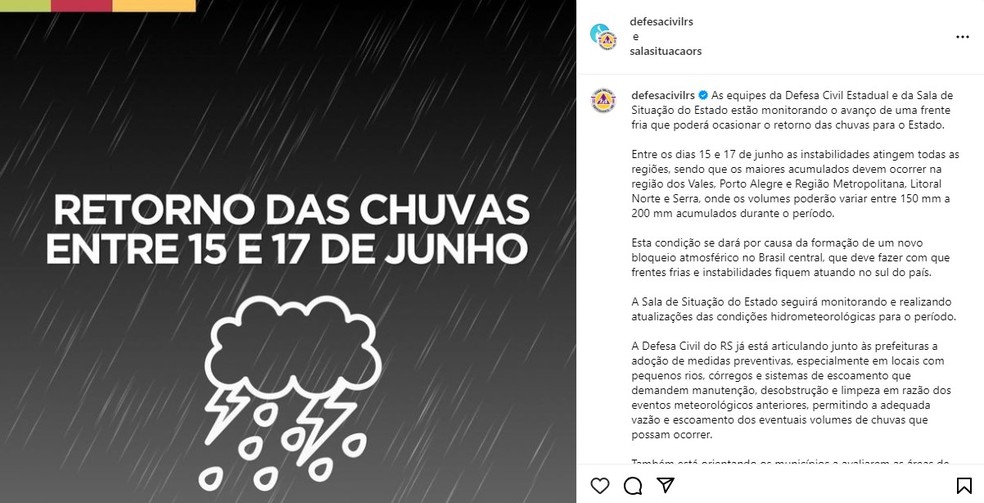 Defesa Civil do RS publica comunicado sobre volta da chuva ao estado — Foto: Reprodução/Instagram