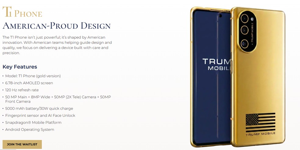 Trump Phone: celular da marca de Donald Trump ganha nova versão e mantém visual dourado — Foto: Reprodução/Trump Mobile