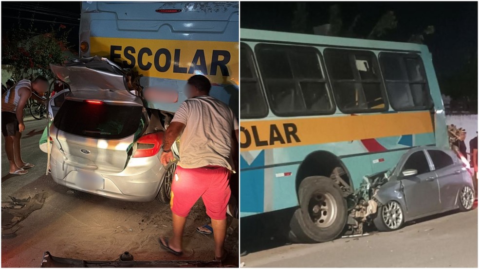 Carro bate na traseira de ônibus escolar estacionado e fica prensado embaixo do veículo em Aracati, na noite deste domingo (21). — Foto: Reprodução