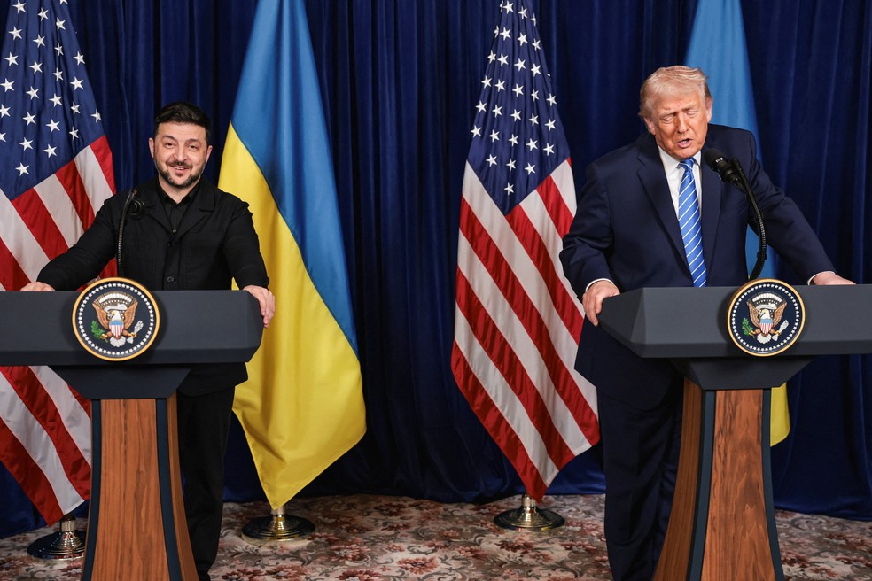 Presidente da Ucrânia, Volodymyr Zelensky, durante encontro com Donald Trump — Foto: REUTERS/Jonathan Ernst