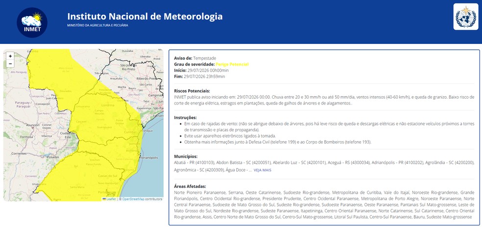 Alerta do Inmet para esta quarta-feira (29) na região de Presidente Prudente (SP) — Foto: Reprodução/Inmet