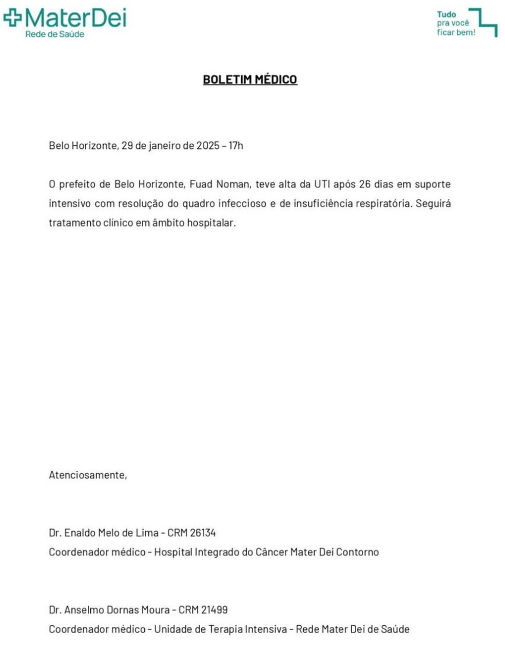 Boletim médico de Fuad Noman (PSD) — Foto: Rede Mater Dei/ Reprodução